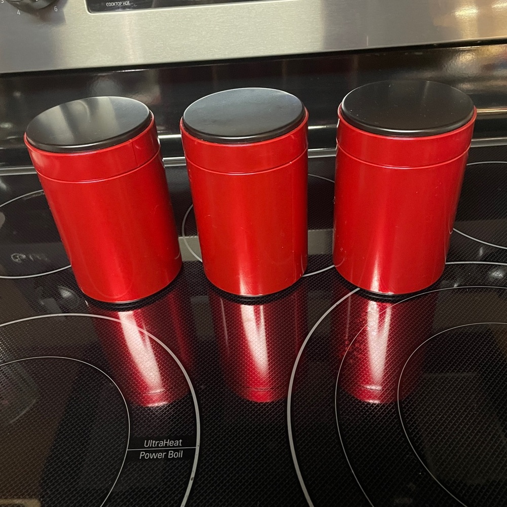 Red Canister Set 3.5x4” black lid. New